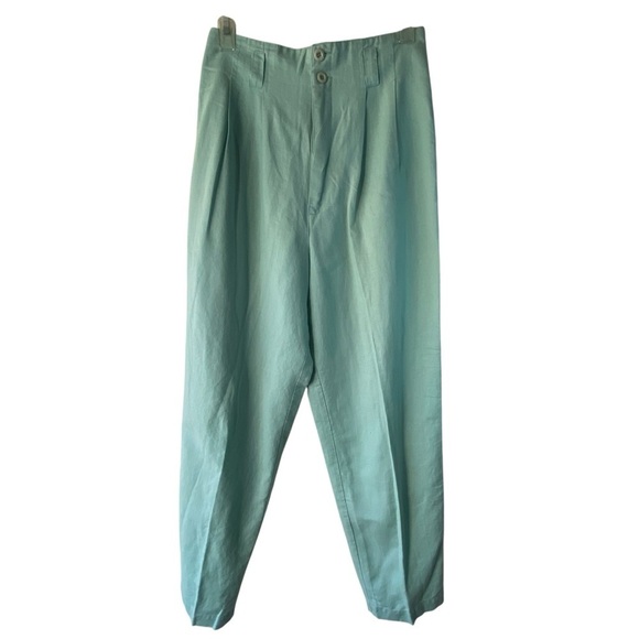 Vintage Contempo Casuals Pleated High Rise Mint Green Linen Cotton Trouser Pants - Picture 2 of 11